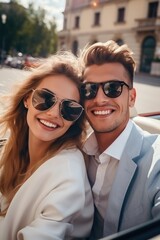 Beautiful bride and groom in sunglasses driving a convertible car