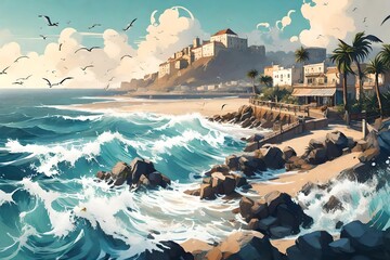 A seafront oasis, where seagulls and waves create the soundtrack. - obrazy, fototapety, plakaty