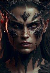 AI generated illustration of an evil young lady with glowing red eyes and a black magical mask