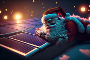 AI-generated 3d illustration of leaning on the roof Santa Claus in the background of lights - obrazy, fototapety, plakaty
