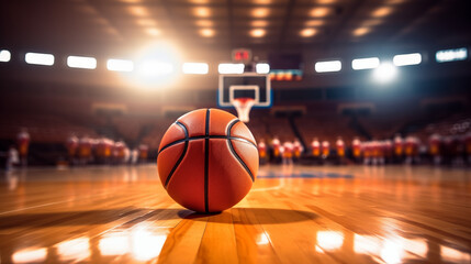 Close up of basketball ball on a large court arena floor. Basketball stadium. World basketball day