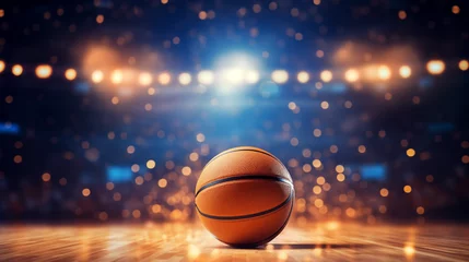Fotobehang Close up of basketball ball on a large court arena floor. Basketball stadium. World basketball day © Tazzi Art