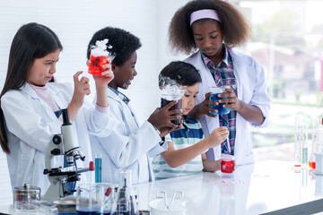 Group of students from different nationalities were paying attention to the test tubes in their...