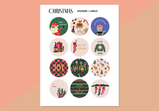 Set of Christmas Stickers and Labels Layout