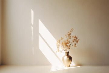 Interior of living room with brown wall and vase with plant