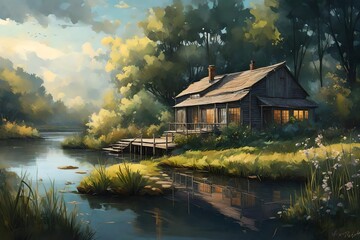 Fototapeta premium A riverbank cottage, with a view of swaying reeds and tranquil waters.