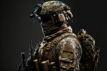 Fototapeta premium AI generated illustration of a soldier in military gear on a dark background