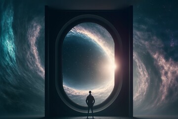 AI generated illustration of a person standing near a window overlooking the vast beautiful galaxy