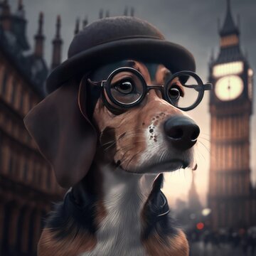 AI generated illustration of cute smart dog with glasses and hat in London