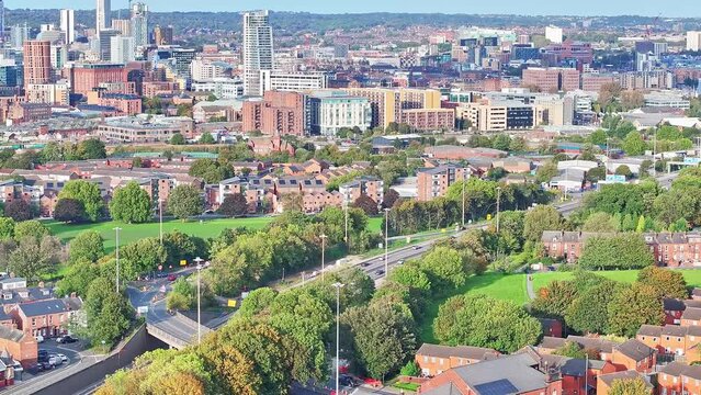 Drone shot Leeds in North England. City urbanisation and expansion