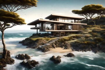 Fototapeta premium A coastal dwelling with waves gently lapping at the doorstep, a water's edge paradise.