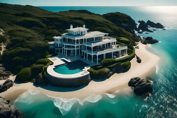 A coastal mansion, with a private beach and endless ocean vistas.
