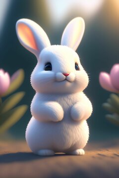 AI generated illustration of a cute fluffy white rabbit isolated on a blurred background