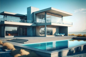 AI generated illustration of a luxury vacation house with swimming pool