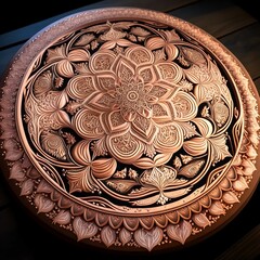 AI generated illustration of a beautiful round plate in bronze colors with floral decorations