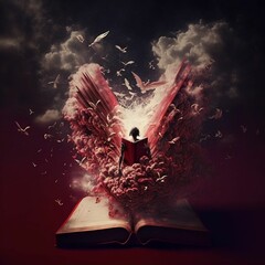 AI-generated abstract illustration of a person devouring a book with doves flying around him - obrazy, fototapety, plakaty