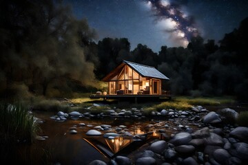 A riverbank cabin under a star-studded night sky, a peaceful riverside haven.
