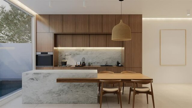 Animated Minimal wooden kitchen and dining table. 3D illustration rendering