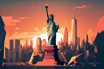 AI generated illustration of the Statue of Liberty near the New York skyline - obrazy, fototapety, plakaty
