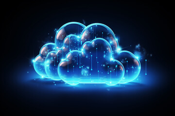 Obraz premium 3d rendering concept cloud computing illustration. Light blue neon cloud icon on dark background