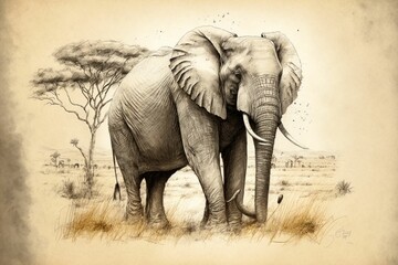 AI-generated monochrome illustration of an elephant in the wilderness