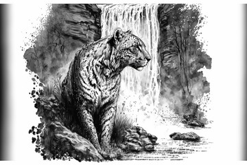AI-generated grayscale illustration of a panther resting before the waterfall