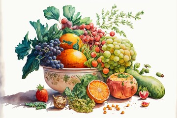 AI-generated illustration of organic fruits in a vase - the colorful harvest nature mort - obrazy, fototapety, plakaty