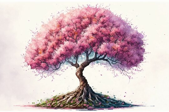 AI-generated illustration of a cherry tree in full bloom - a lone tree with an oil painting effect