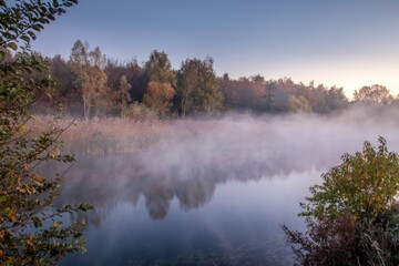 Beautiful shot of a layer of mist floating over a serene pond in a forest at sunset