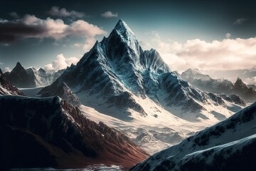 AI generated illustration of rocky mountains covered with snow at sunset - obrazy, fototapety, plakaty