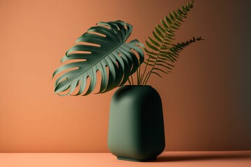 AI generated illustration of a Swiss cheese plant in a vase on an orange background