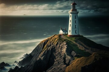Fototapeta na wymiar AI generated illustration of a lighthouse on top of a green hill against a stormy sea