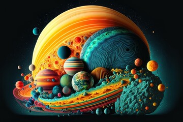 AI generated illustration of futuristic planets within a universe