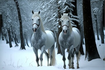 AI generated illustration of two white horses running in a snowy forest - obrazy, fototapety, plakaty