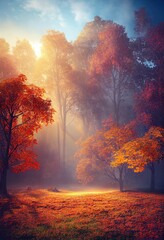 AI generated illustration of a beautiful orange forest with the autumn sun shining from behind trees