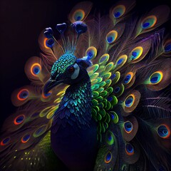 AI generated illustration of a colorful fluorescent peacock with a fully fanned tail