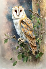 AI generated illustration of barn owl perching on tree branch