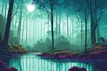 AI generated illustration of river surrounded by dense trees