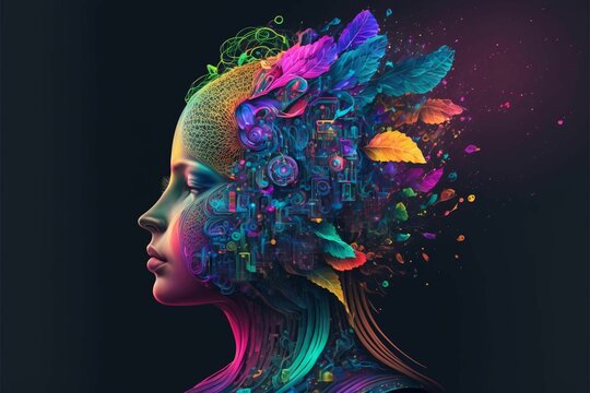 AI generated illustration of a creative colorful conceptual brain with an abstract design