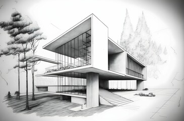 AI-generated illustration of a drawing of the building's exterior in black and white.