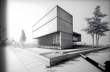 Fotobehang the sketch shows an architectural building with landscaping and trees surrounding it AI generated © Wirestock