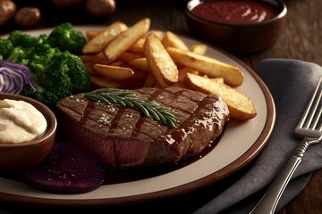 AI generated illustration of steak and fried potatoes with veggies - obrazy, fototapety, plakaty