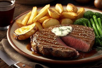 AI generated illustration of steak and fried potatoes with veggies