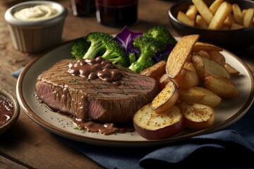 AI generated illustration of steak and baked potatoes with veggies