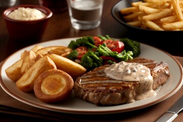 AI generated illustration of steak and baked potatoes with veggies