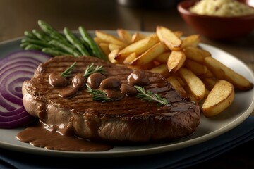 AI generated illustration of steak and baked potatoes with veggies
