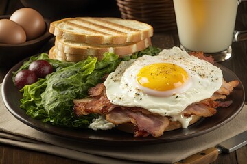 AI generated illustration of a delicious breakfast with bacon and eggs on the table