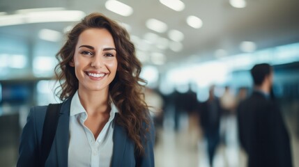 Smiling Young businesswoman at airport, business trip, corporate and people concept
