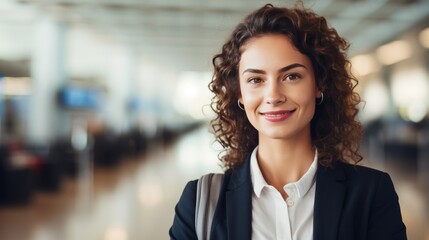 Fototapeta premium Smiling Young businesswoman at airport, business trip, corporate and people concept