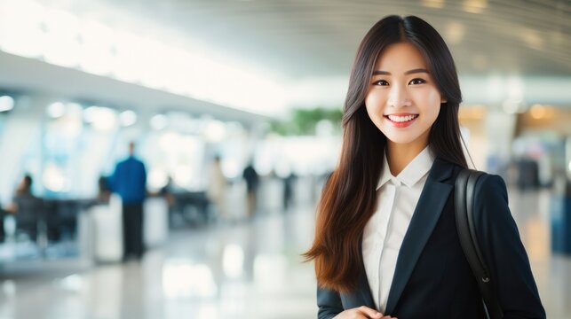 Smiling asian businesswoman at airport, business trip, corporate and people concept